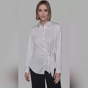 KARL LAGERFELD PARIS Long Sleeve Surplice Ring Detail Top Size S White Blouse